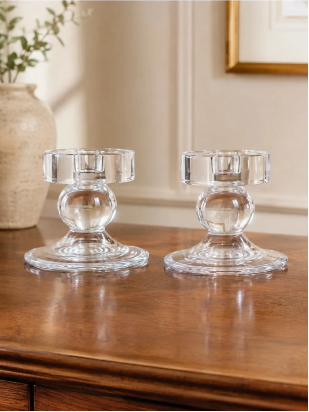 Set of 2 Reversible Clear Glass Pillar & Taper Candle Holders